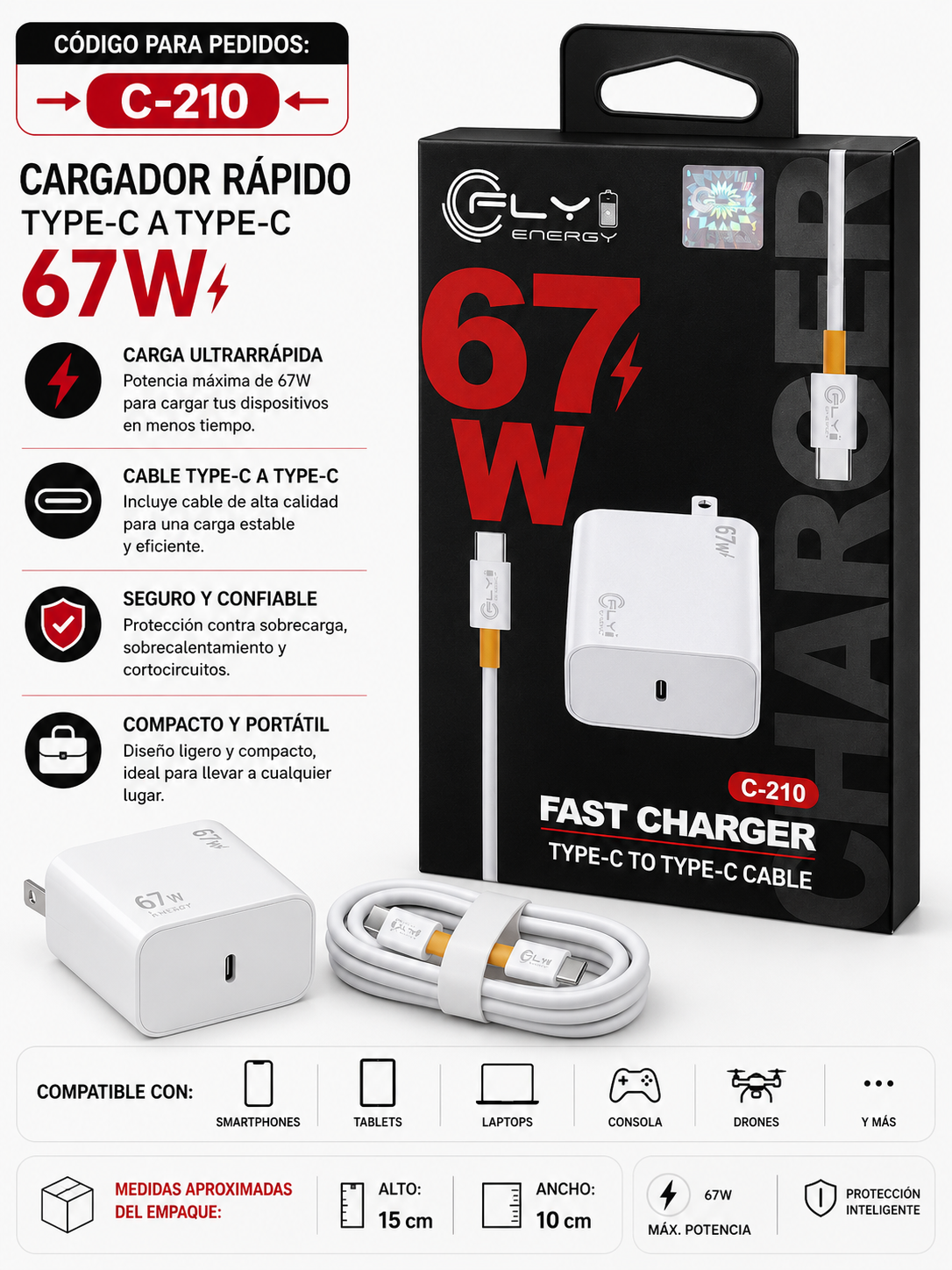 CARGADOR RÁPIDO FLY ENERGY 67W TIPO C A TIPO C