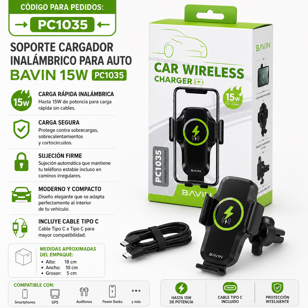 SOPORTE CARGADOR INALÁMBRICO PARA AUTO BAVIN 15W PC1035