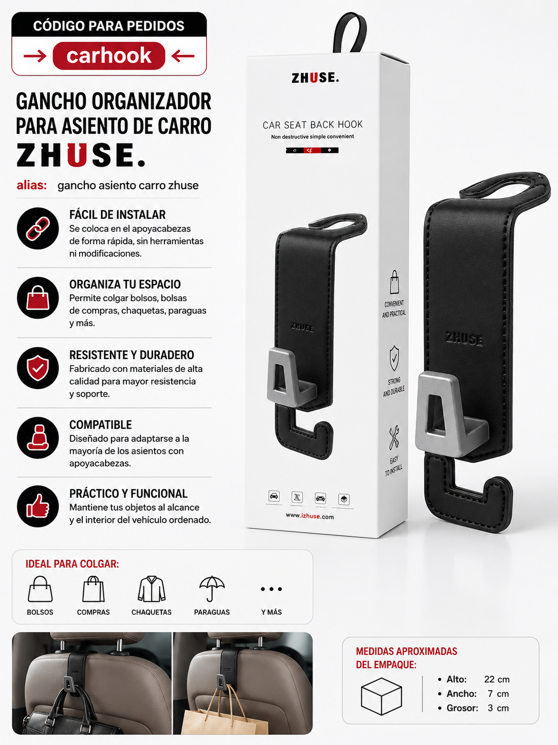 GANCHO ORGANIZADOR PARA ASIENTO DE CARRO ZHUSE