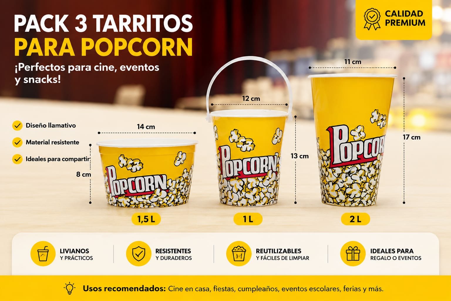 PACK X3 TARRITOS PARA POPCORN REUTILIZABLES