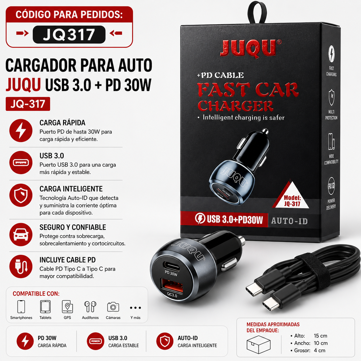 CARGADOR PARA AUTO JUQU USB 3.0 + PD 30W JQ-317